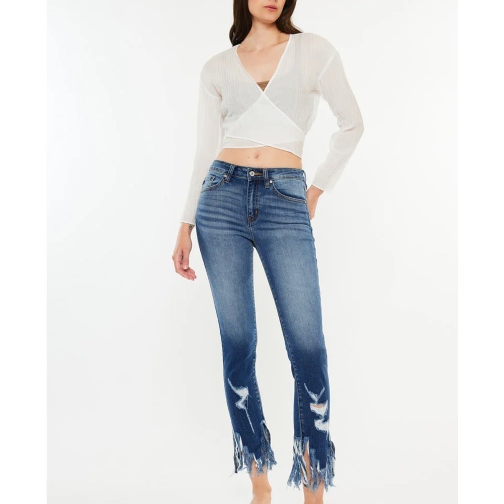 KanCan High Rise Skinny Ankle Jeans Ratana Fringe Hem Distressed Size 13/30 NWOT